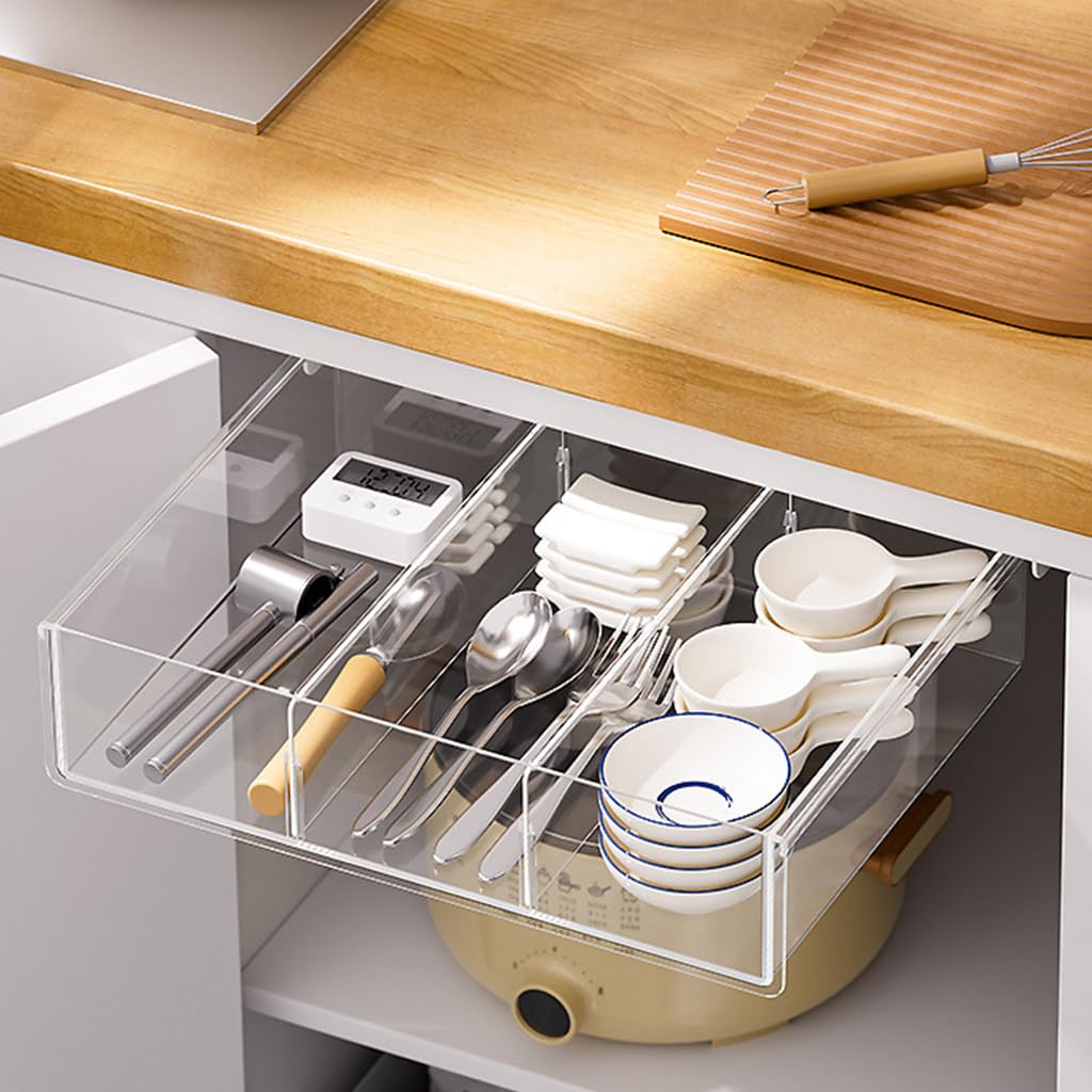 OFIFO Pull Out Under Desk Drawer Organizer for Office Supplies featuring Adhesive No Drill Install and Clear PP Design | 9.2x12.7x3 in Hidden Storage Box