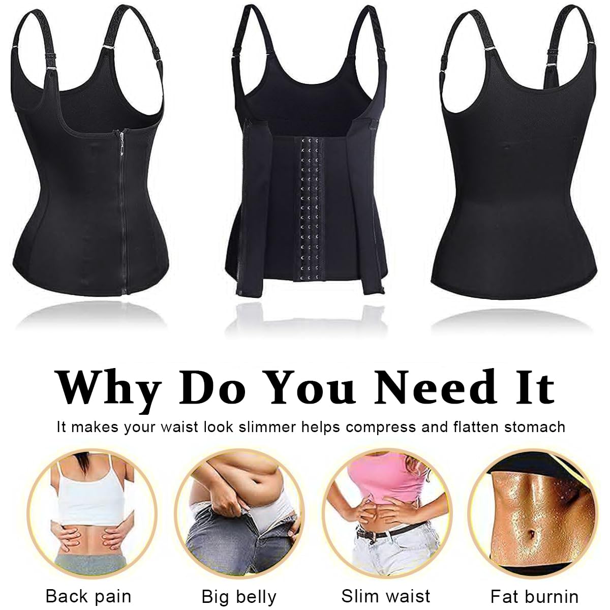 PALAY® Waist Trainer for Women Corset Shapewear with Zipper, Women's Waist Cincher Tank Top Vest Sport Workout Girdle Hourglass Body Shaper with Adjustable Straps, XL, Black