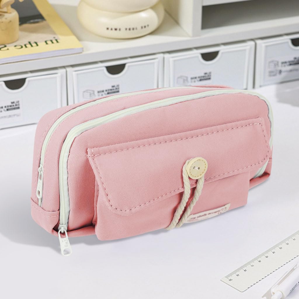 Zibuyu Pencil Pouch for School and Office featuring Double Layer Design with 21x11x7.5cm Canvas | Pink Organizer for Students