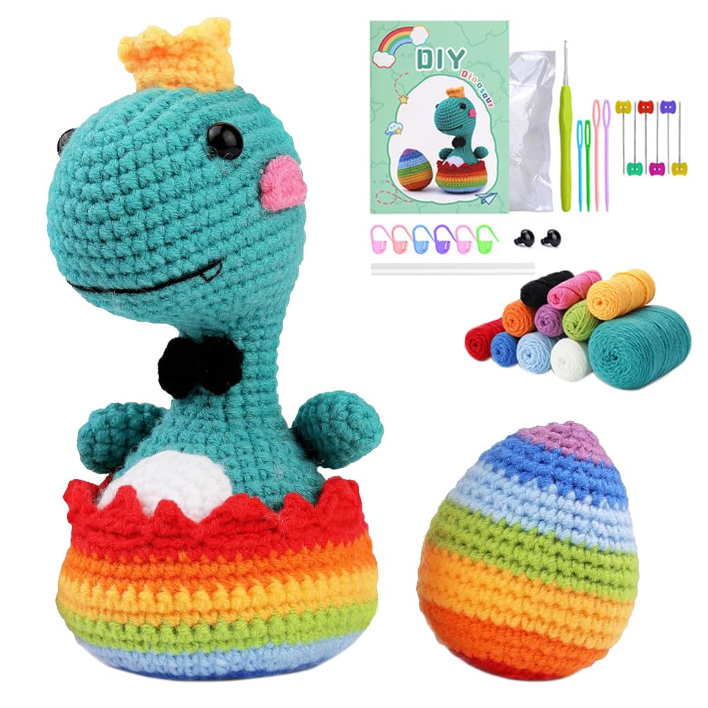 HASTHIP® Crochet Stuffed Animal Kit Crochet Kit for Beginners Knitting Kit Full Set Crochet Starter Kit with Yarn, Polyester Fiber, Crochet Hooks, Tutorial Video, DIY Gift Friends (Rainbow Dinosaur)