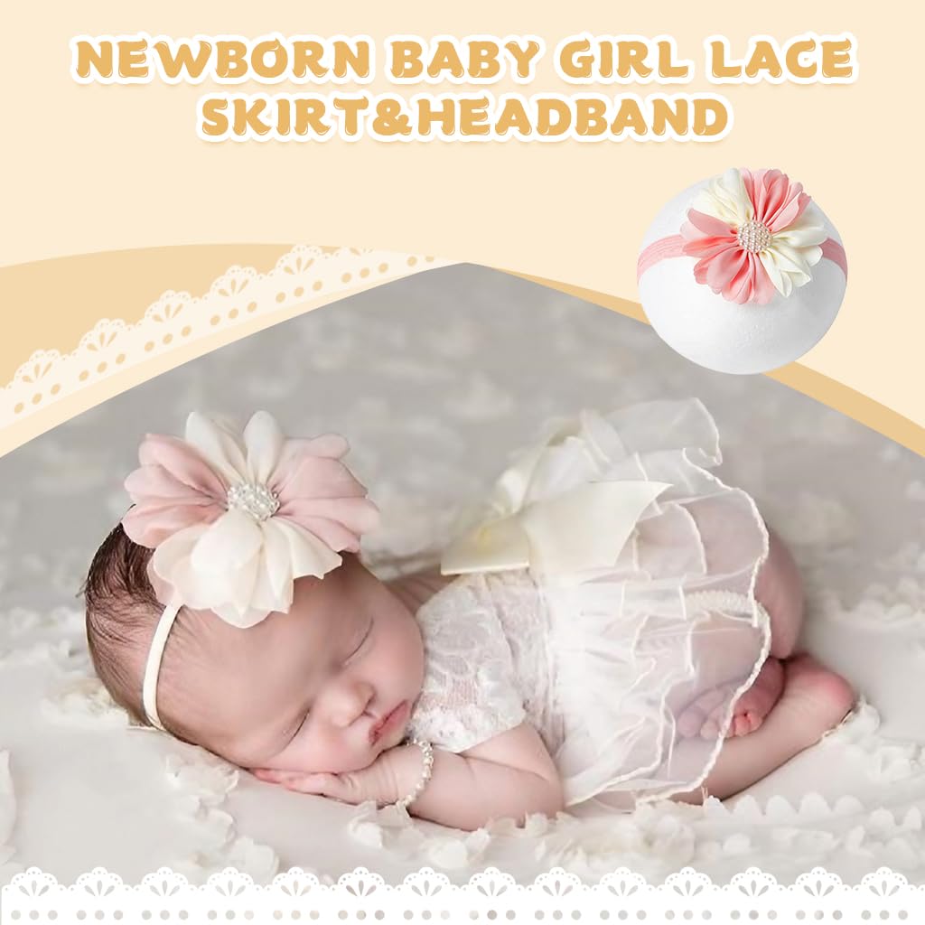 SNOWIE SOFT® Baby Girls Lace Infant Clothes for Newborn Photography Flower Princess Headband and Bow Lace Dress Kit for Infant Girls Newborn Photography Props Newborn Infant Baby Girls Shower Gift