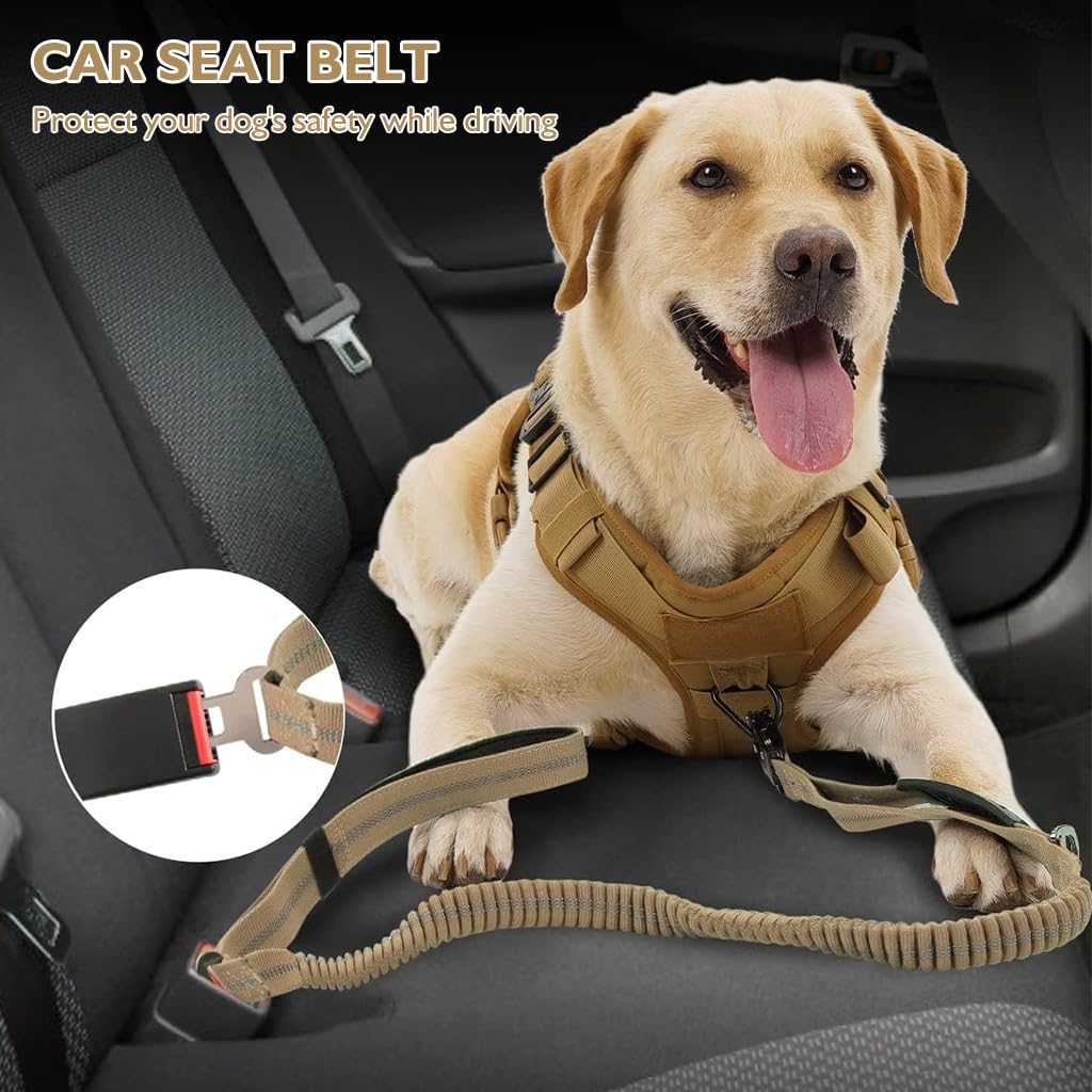 Qpets® Tactical Dog Belt Seat Belt, Adjustable Dog Leash with Car Seat Belt Buckle, Safety Dog Seatbelts with 2 Control Handles, Elastic Dog Harness for Medium Large Dog, Reflective(Brown)