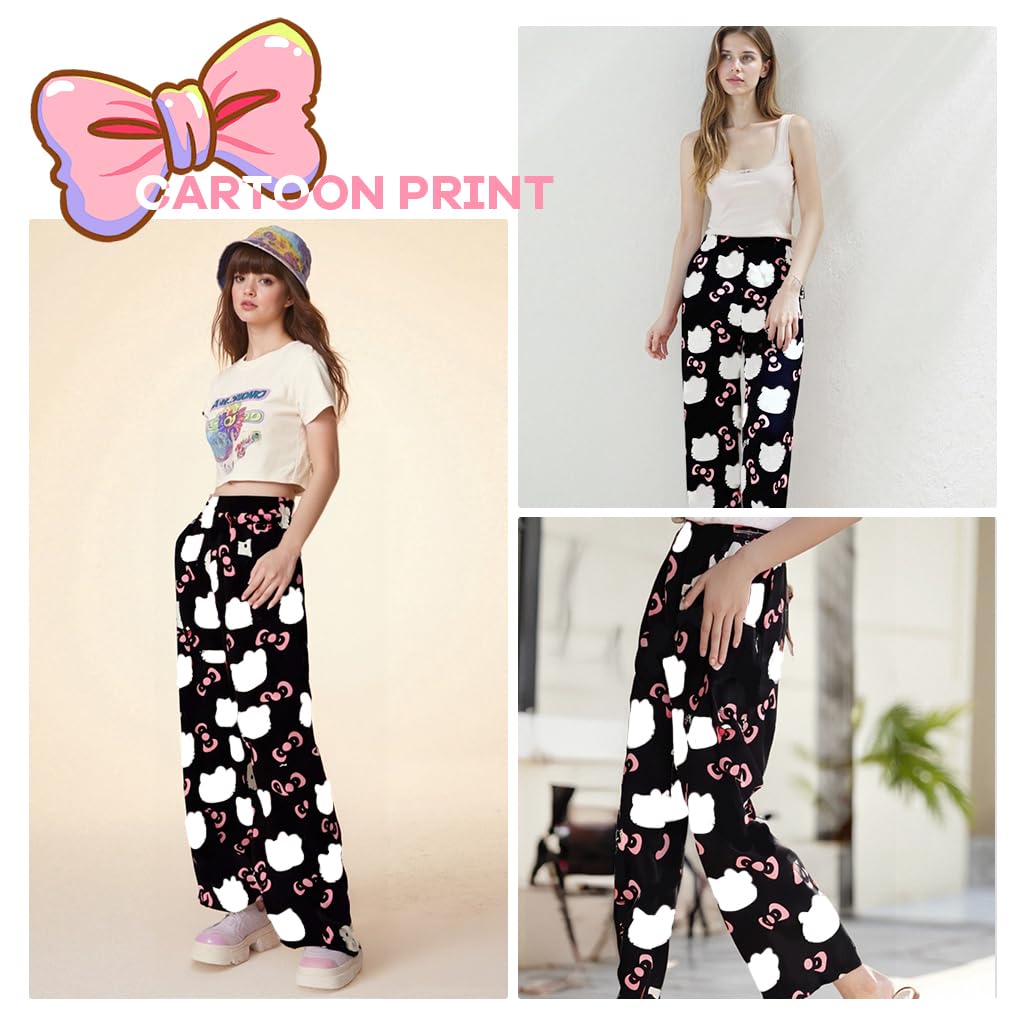 SANNIDHI Pyjama Pants for Women featuring Elastic Waist & Kawaii Cat Print | Soft Polyester Lounge Bottoms