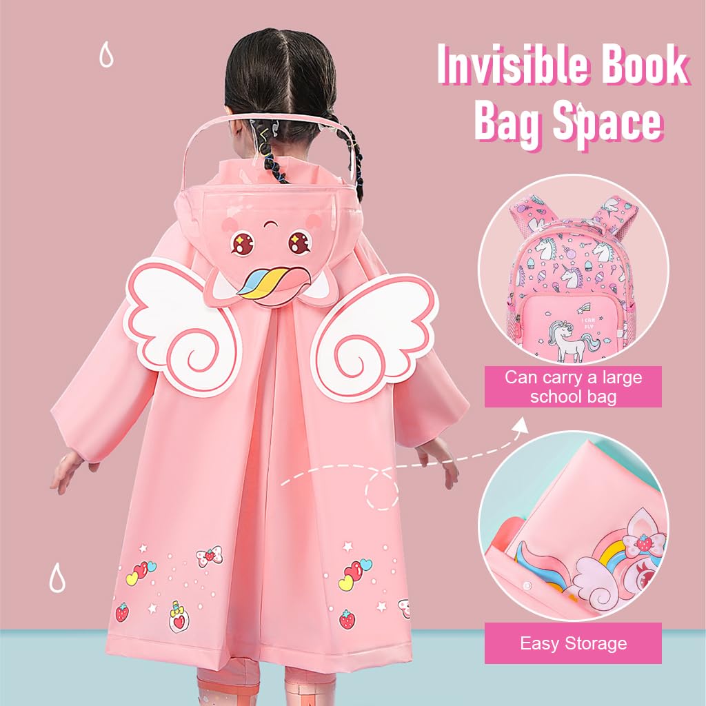 SNOWIE SOFT® Hooded Raincoat for Kids Wide Brim Raincoat for Kids 3-4 Years EVA Student Kids Rain Coat for Girls with School Bag Rain Cover Unicorn Print, Recommended Height 115-125cm, L