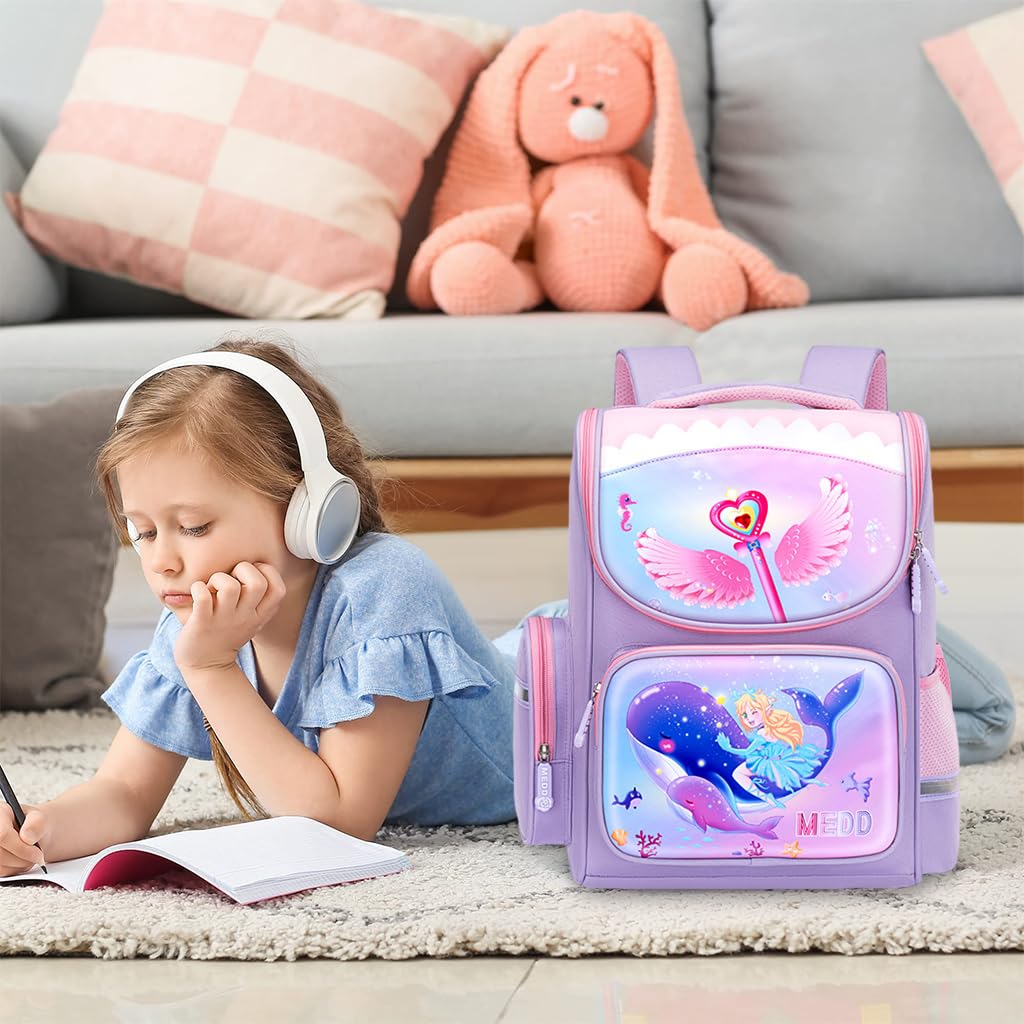 PALAY® School Backpack for Girls, Mermaid Cartoon School Backpack Large Capacity Girls Backpack for School, Travel, Camping, Burden-relief School Backpack for Kids 6-12 Years Old