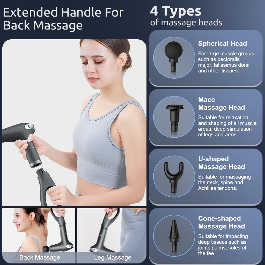 HANNEA® Fascial Gun Cordless Electric Deep Muscle Stimulator with 4 Massager Attachment, 8 Intensity Levels Electric Massager Deep Muscle Relaxation Muscle Massager Travel  Fascial Gun with Bag