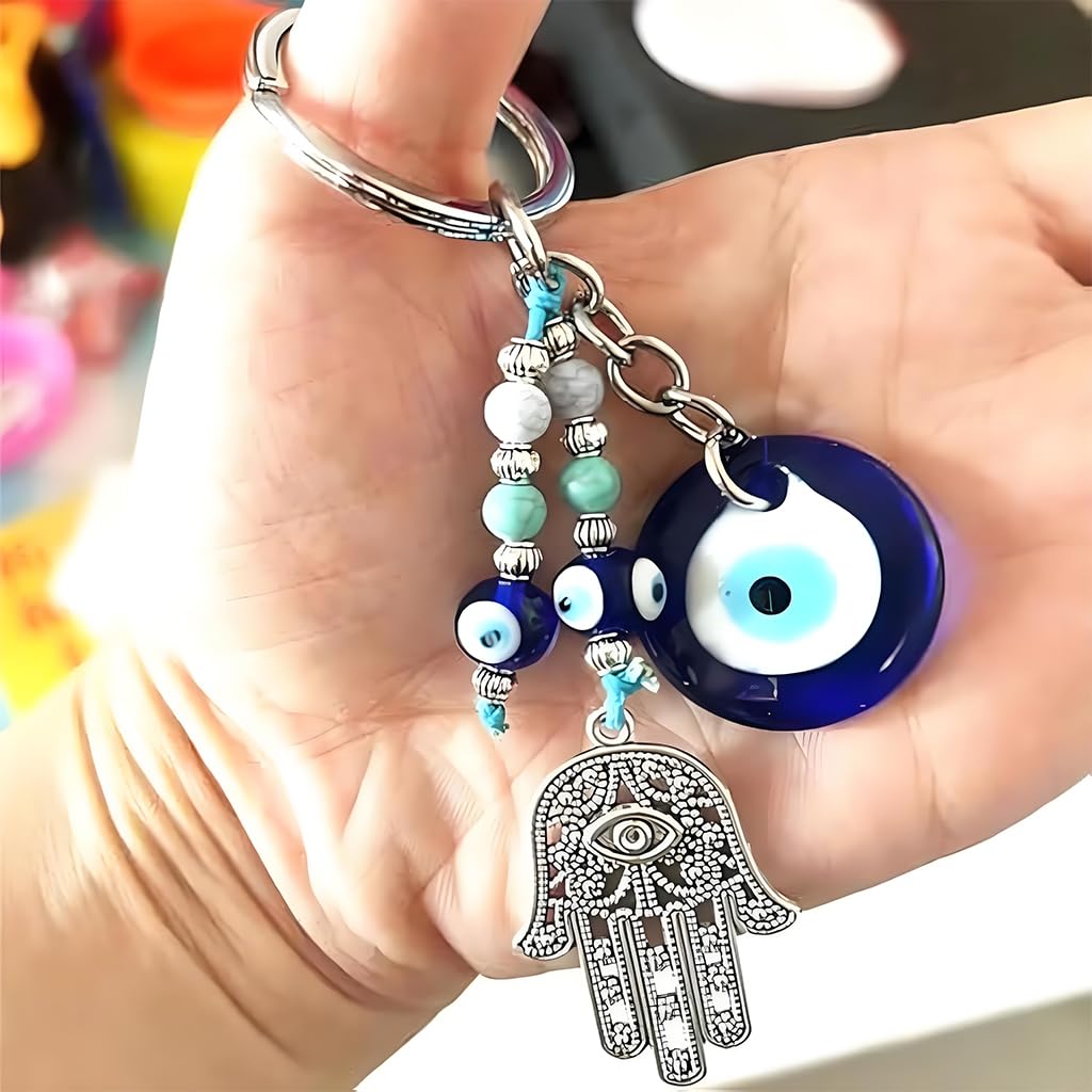 SANNIDHI Bag Charms for Handbags with Blue Evil Eye Beads and Silver Palm Pendant Keyring