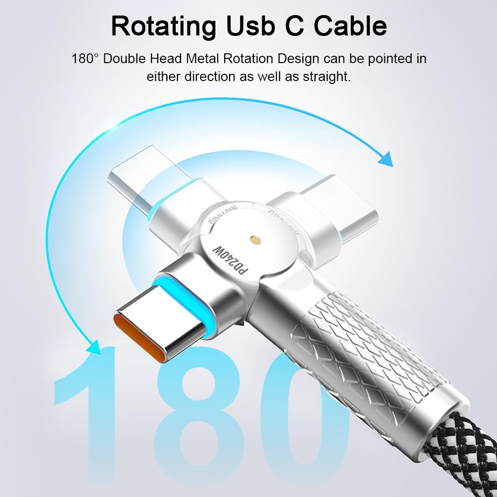 Verilux USB C Cable for Fast Charging with 180 Degree Rotating Head and 9.8 ft Length | LED Tip