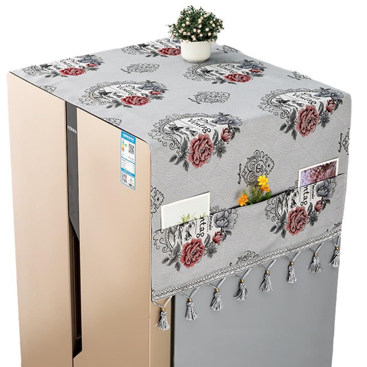 HASTHIP Fridge Cover for Side by Side Refrigerator with Pockets 26.3x55 in Polyester | Floral Tassel Design
