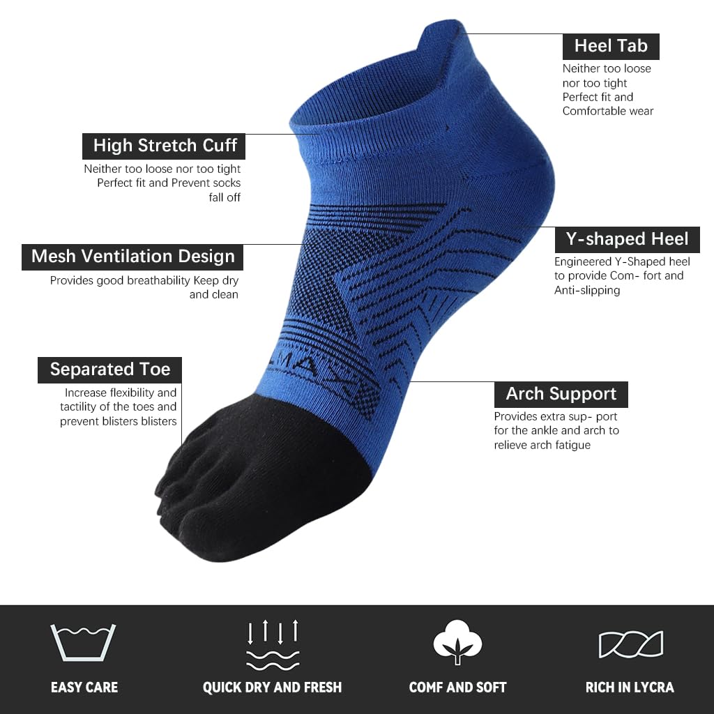 Proberos Five Toe Running Socks for Exercise with Anti Skid Grip Sole and Moisture Wicking Cotton | 3 Pair Blue Ankle Socks for Men