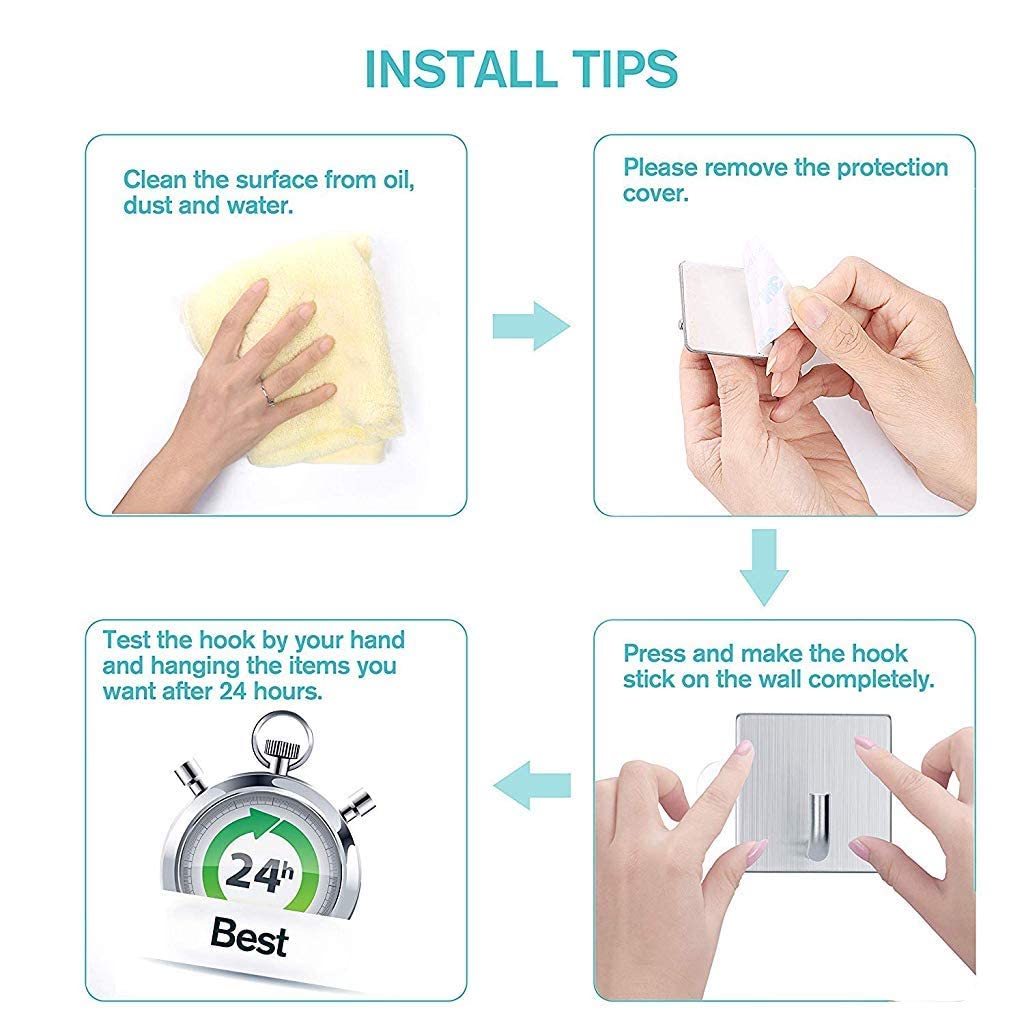 HASTHIP® 8 Pcs Heavy Duty Adhesive Wall Hook, No Drilling, Waterproof & Rustproof, 6.8kg Capacity, for Bathroom, Kitchen, Office, Silver, 1.77