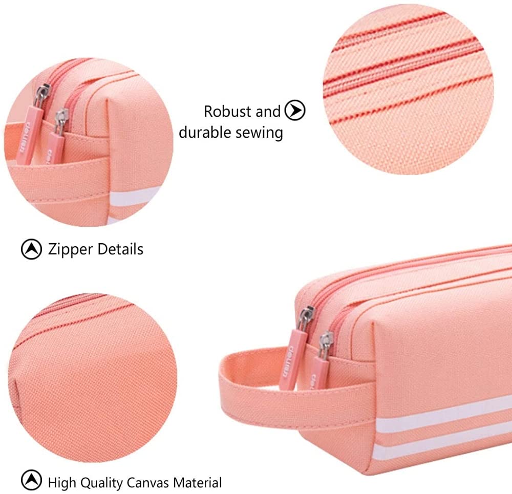 HASTHIP Canvas Large Pencil Case for Girls with Double Zipper and Handle 21x8x8 cm | Pink Storage Bag