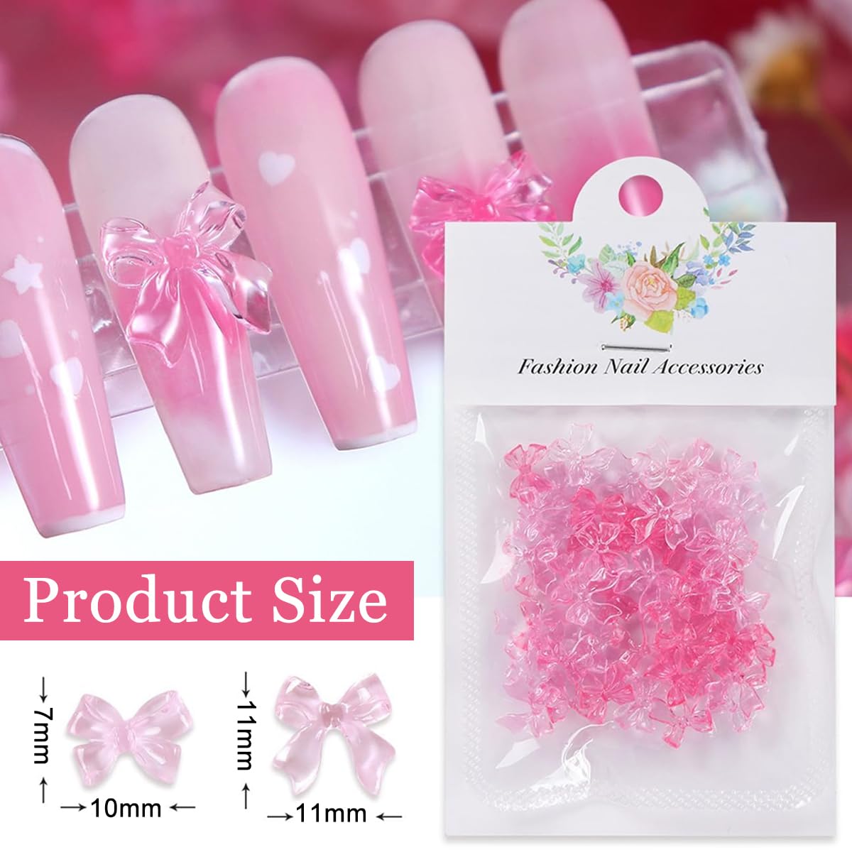 MAYCREATE Nail Decals for DIY Nail Art with 50pcs 3D Flat Back Resin Pink Bow Charms | Cute Decorative Design