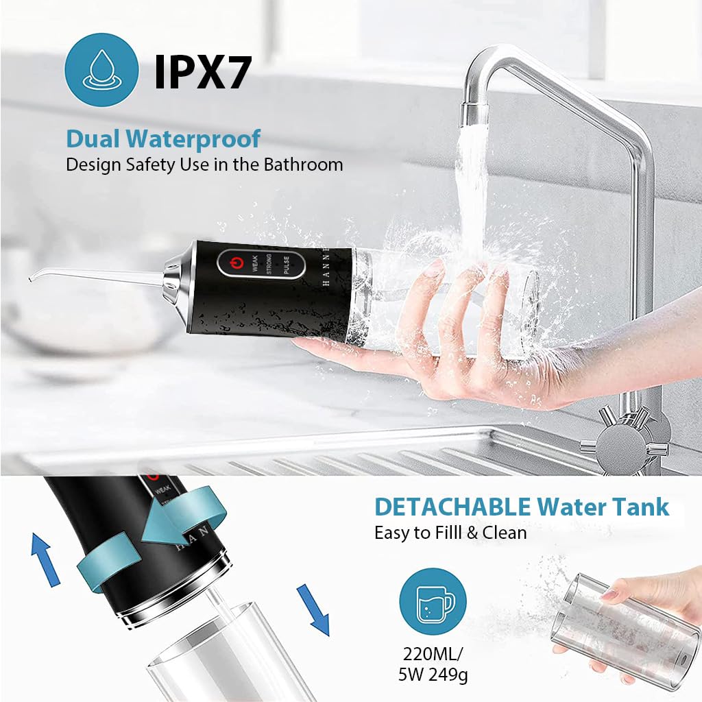 HANNEA Water Dental Flosser for Travel with 220ml Tank and 3 Modes | 4 Nozzles IPX7 Waterproof