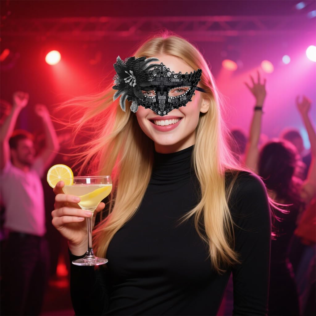 PATPAT Masquerade Mask for Halloween and Carnival Parties featuring Feathers Lace & Sequins | 2 Pack Black Venetian Masks for Couples