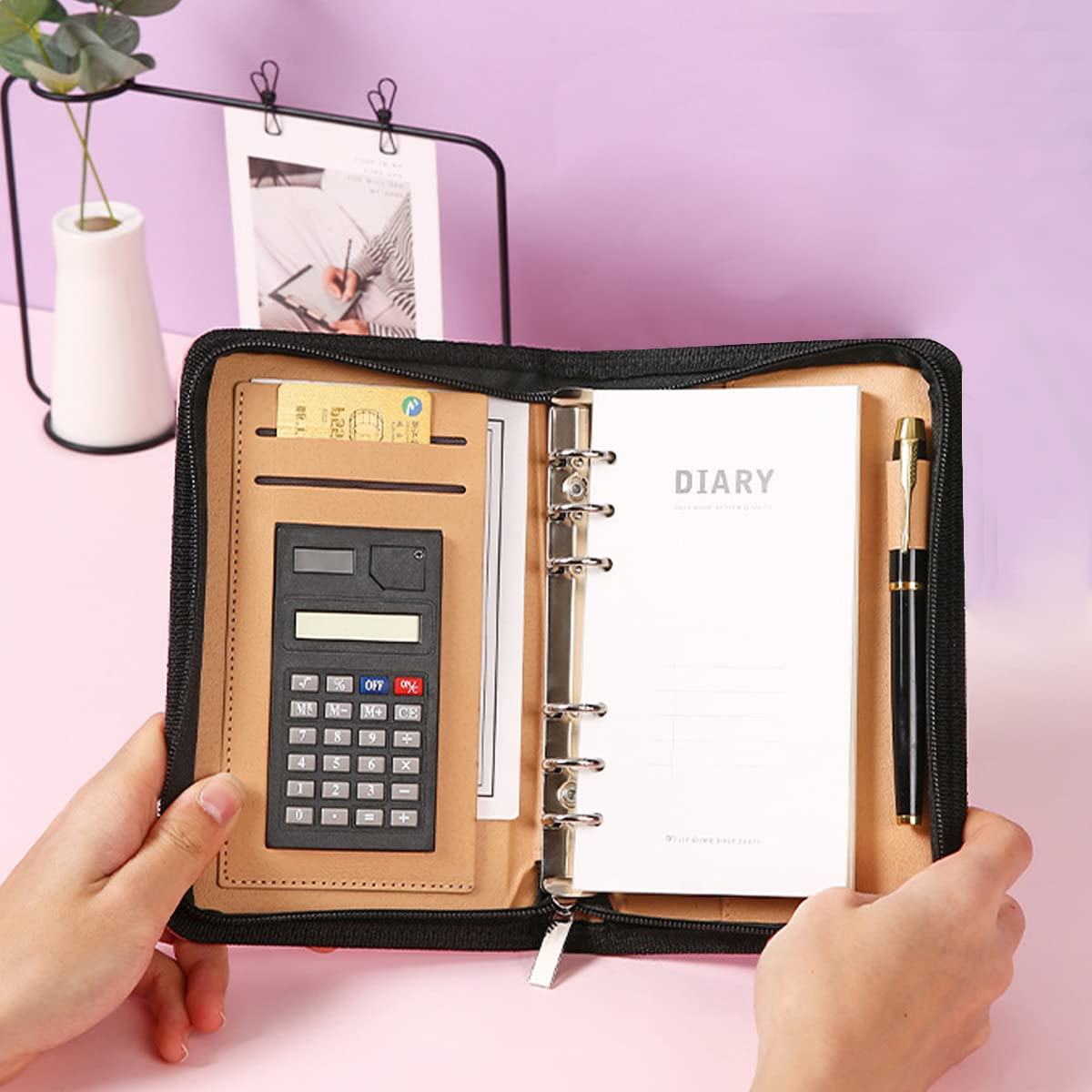 ZIBUYU Brown Leather A6 Notebook Folder for Budget Planning with 6 Ring Binder | Includes Calculator and 12 Cash Envelopes