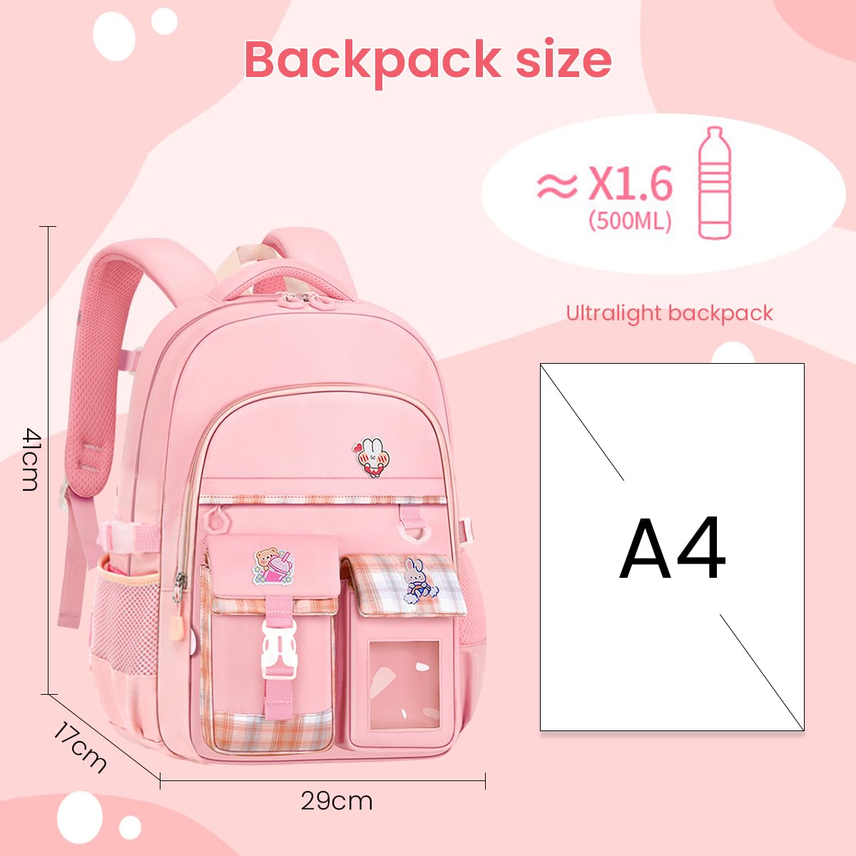 Venzina School Bag for Girls with 41×29×17cm Multi Layer Design and Waterproof Oxford | Ideal for Primary Students 6–10 Years