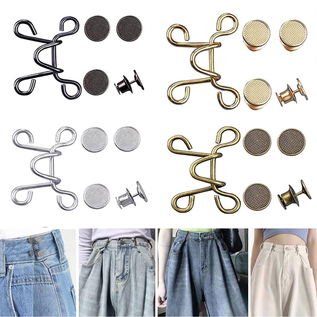 Venzina® 4 Sets Jeans Button Adjustable Waist Buckle, Instant No Sewing Metal Buttons for Loose Jeans Pants, Detachable Adjustable Pant Waist Tightener Pins