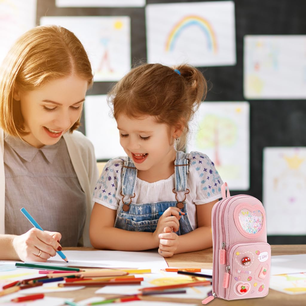 Zibuyu Pencil Pouch for Girls with 6 Layers and 3 Compartments Pink Canvas | Kawaii Organizer