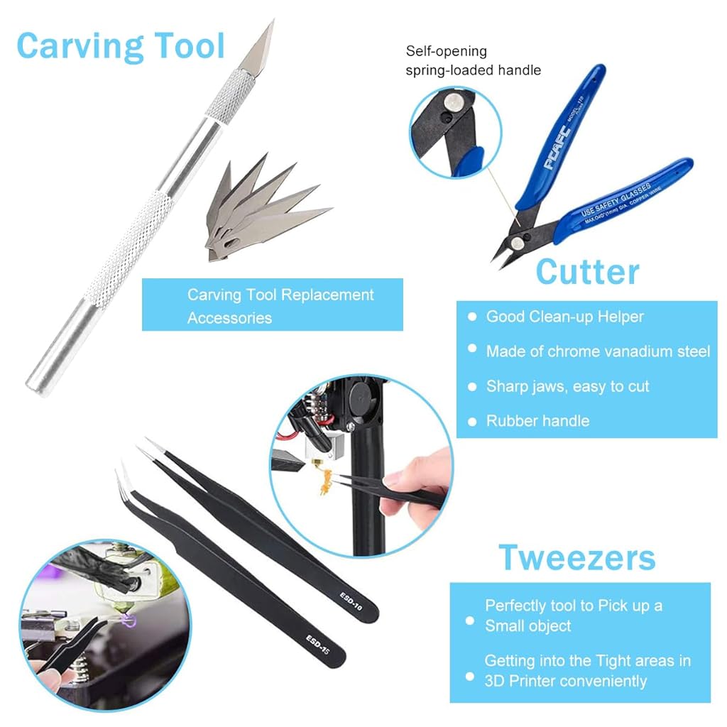 Serplex® 3D Printer Tool Kit Clean Basic Tools with Plier, File, Tweezer, Trimmer Pen, Resin Filter, Scraper, Plastic Remove Tool, Silicone Mat for SLA DLP LCD 3D Printer Accessories