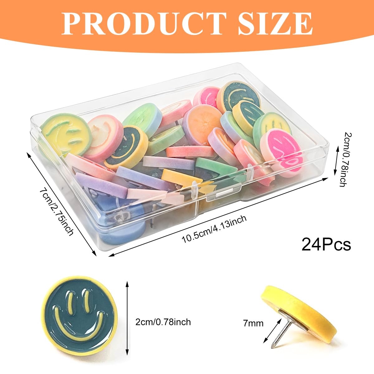 OFIFO Pushpins for Office School and Home Boards with 24 Smiley Resin Heads | 6 Colors