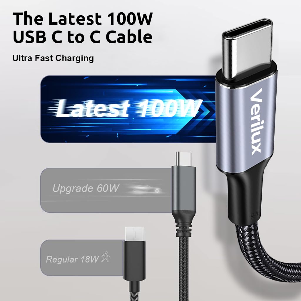 Verilux Type C to Type C Cable for Fast Charging with 6.6ft Length | Nylon Braided 100W