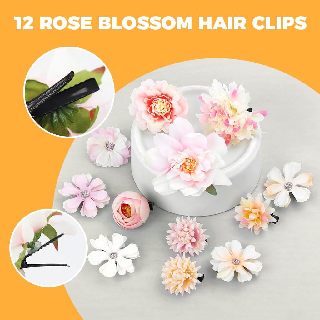 PALAY Flower Hair Clips for Women with Secure Alligator Clips and 12 Chiffon Roses | Wedding and Daily Hairstyles