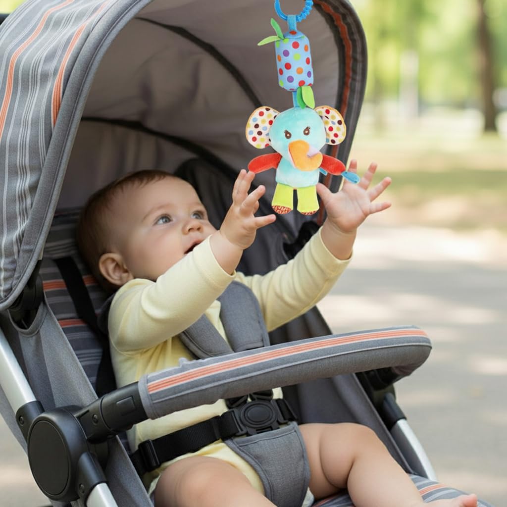 SNOWIE SOFT Baby Toys for 6 to 12 Months with Rattle Sound and Open Ring Clasp | Plush Elephant Hanging Toy for Stroller and Crib