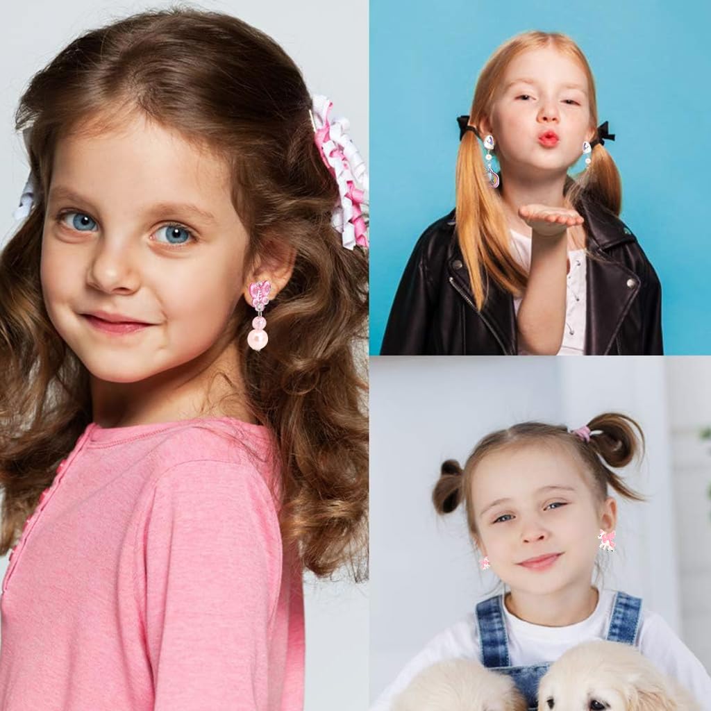 Venzina Clip On Earrings Set for Girls featuring Soft Pads and 6 Pairs Unicorn Design