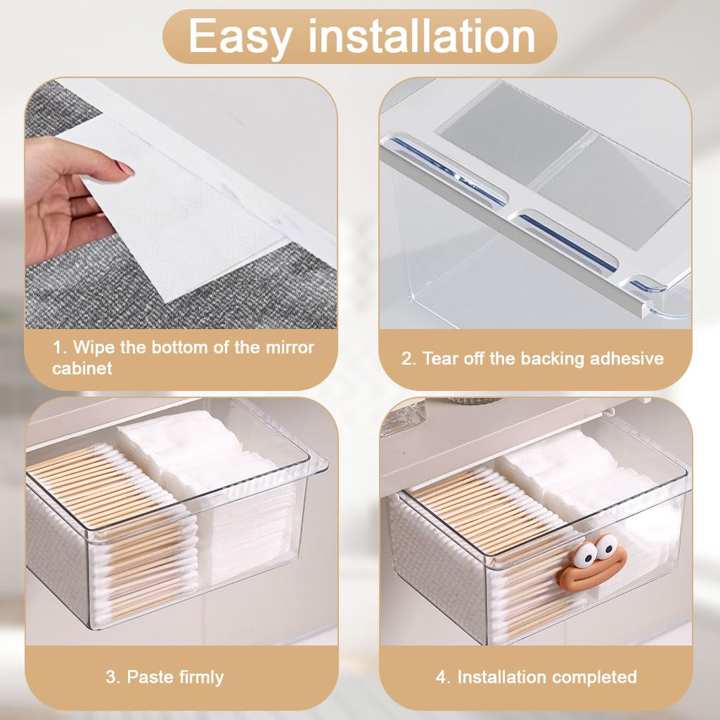 HASTHIP Under Desk Drawer Organizer for Bathroom and Office with No Drill Adhesive | Transparent 3.14 x 4.7 x 3.14 in Pull Out Storage Box
