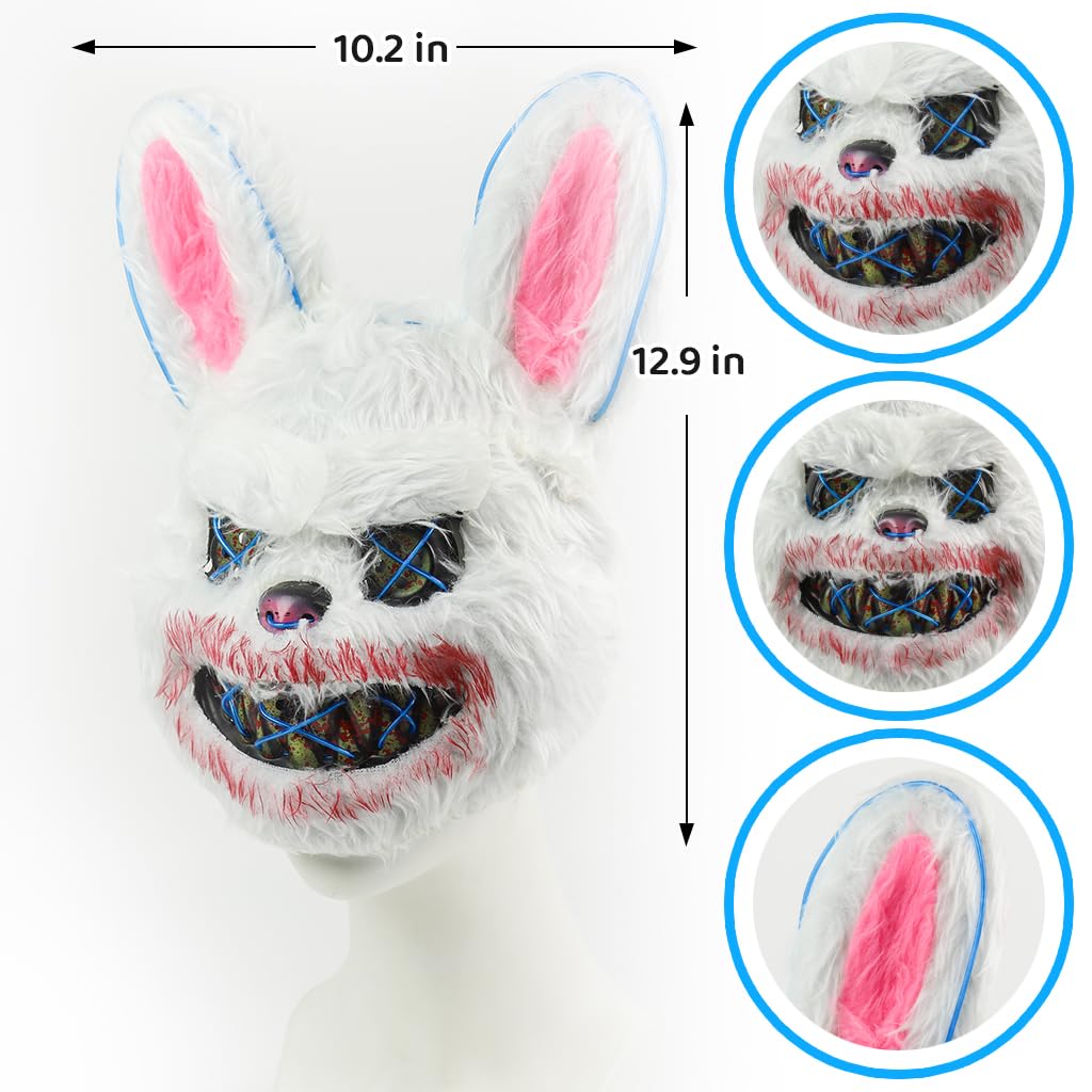 PATPAT® Halloween Led Mask Scary Rabbit Mask, Light Up Halloween Creepy Bunny Mask, Luminous Scream Mask Plush Cosplay Mask Prank Horror Mask for Kids Adult, Furry Cool Led Mask Costumes Accessories