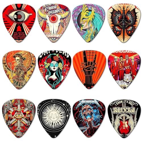 ZIBUYU® 12Pcs Guitar Picks PVC Guitar Picks with Thin, Medium & Heavy Picks Rock Aesthetic