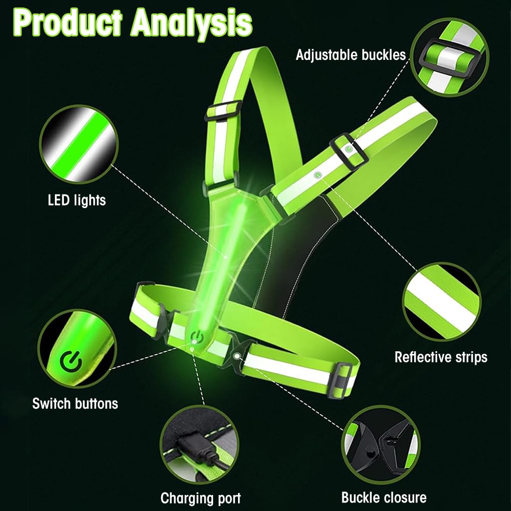 PROBEROS Safety Vest for Running and Cycling with USB LED 3 Lighting Modes | Adjustable Green Reflective Vest for Men and Women