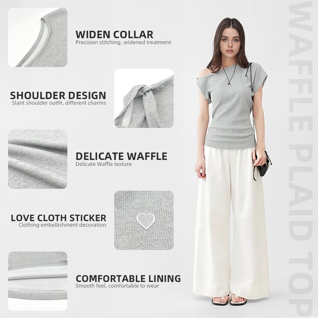 SANNIDHI Womens Off Shoulder Tops for Summer with Waffle Knit Fabric | Casual Loose Short Sleeve Blouse