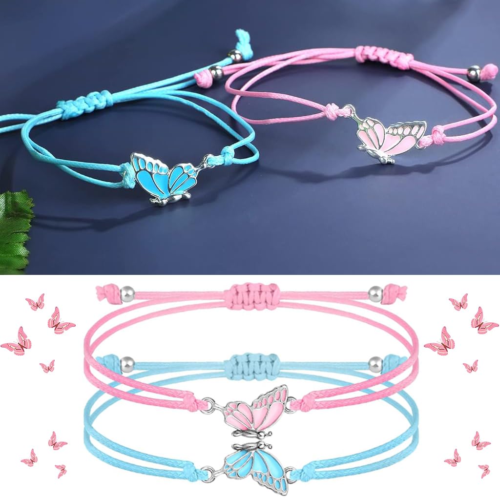 ZIBUYU Friendship Bracelets Butterfly Charm Bracelets Adjustable Rope Bracelets for Girls BFF Bracelets Fashion Pink & Blue Friendship Bracelets Jewelry Gifts for Girls, Friends, Sisters