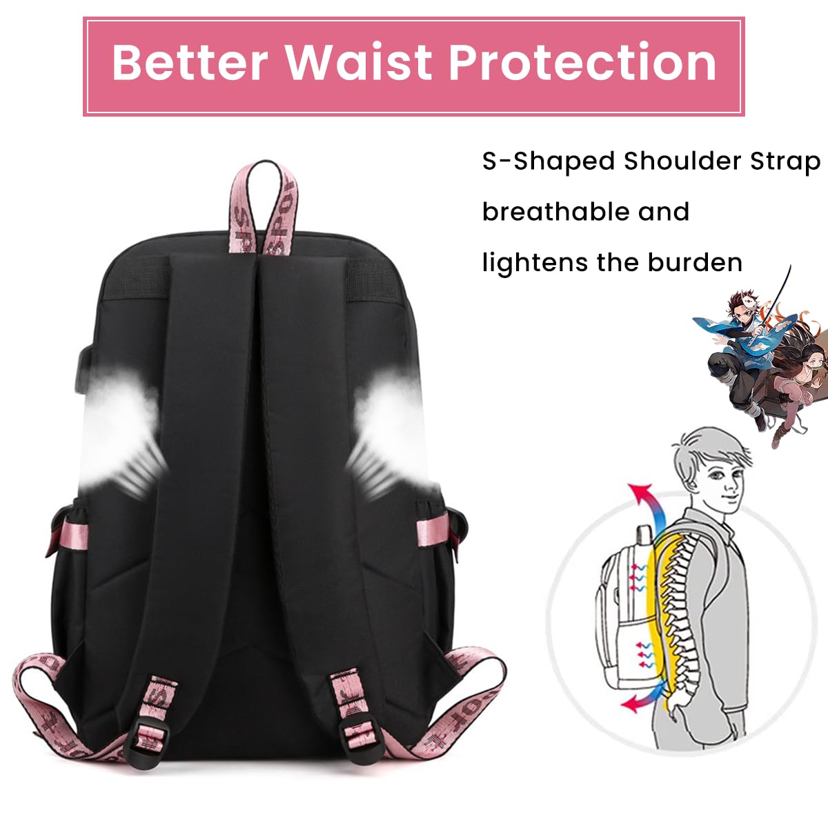 Fancyku Anime Backpack for Girls featuring USB Charging Port and Waterproof Nylon | 30x15x43cm Laptop Daypack