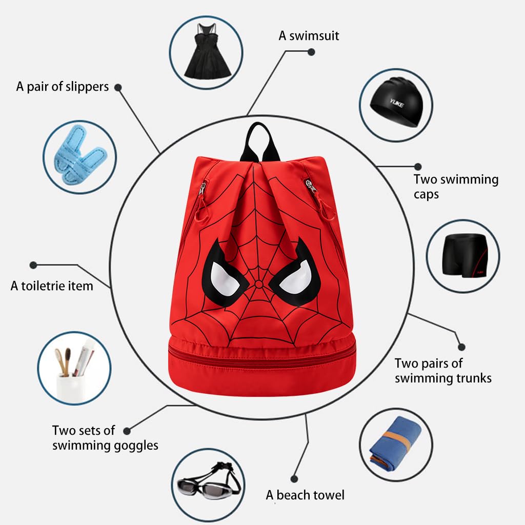 PALAY® Swimming Bag for Kids Spider Man Print Shoulder Bag for Kids Large Capacity Backpack for Boys Girls Wet Dry Separation Beach Bag