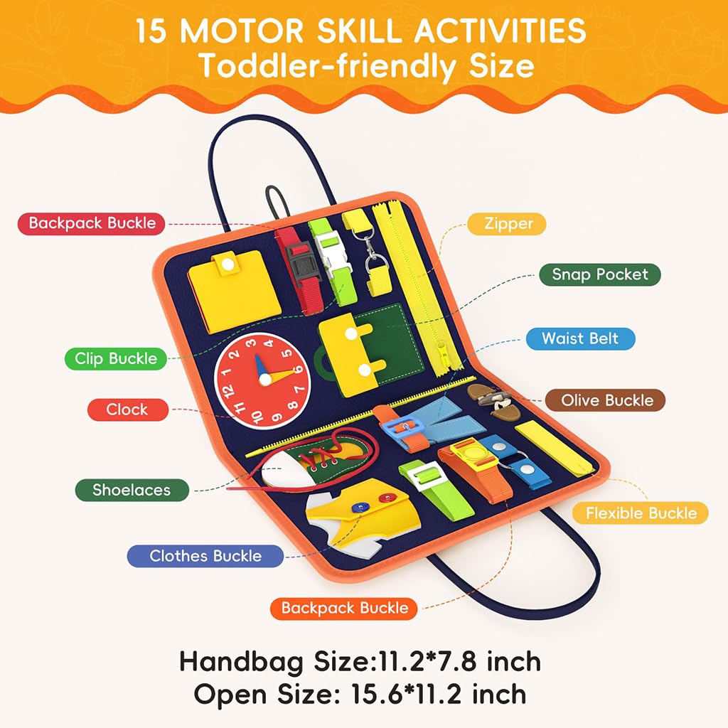 ZIBUYU Busy Board for Toddlers with 8 Pages and 25 Activities featuring Soft Felt Material | Montessori Travel Sensory Toy