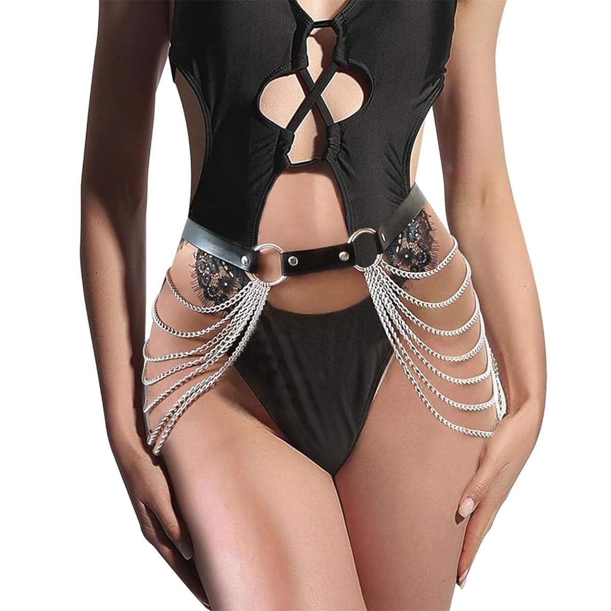 Zibuyu Punk Belt for Women featuring Multi Layered Metal Chains and Adjustable Leather Fit