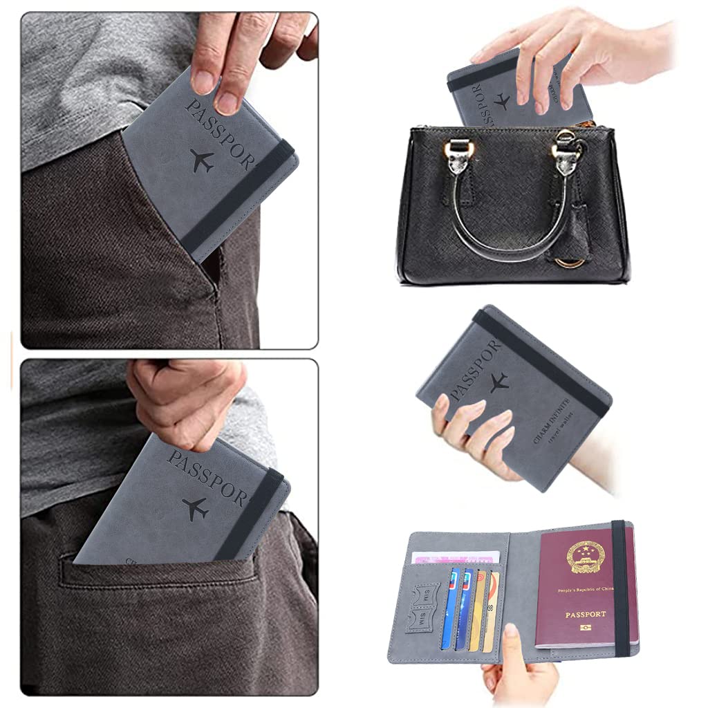 ZIBUYU Passport Cover for Travel with RFID Blocking and Bifold Wallet Design | Grey PU Leather 14.8x11cm