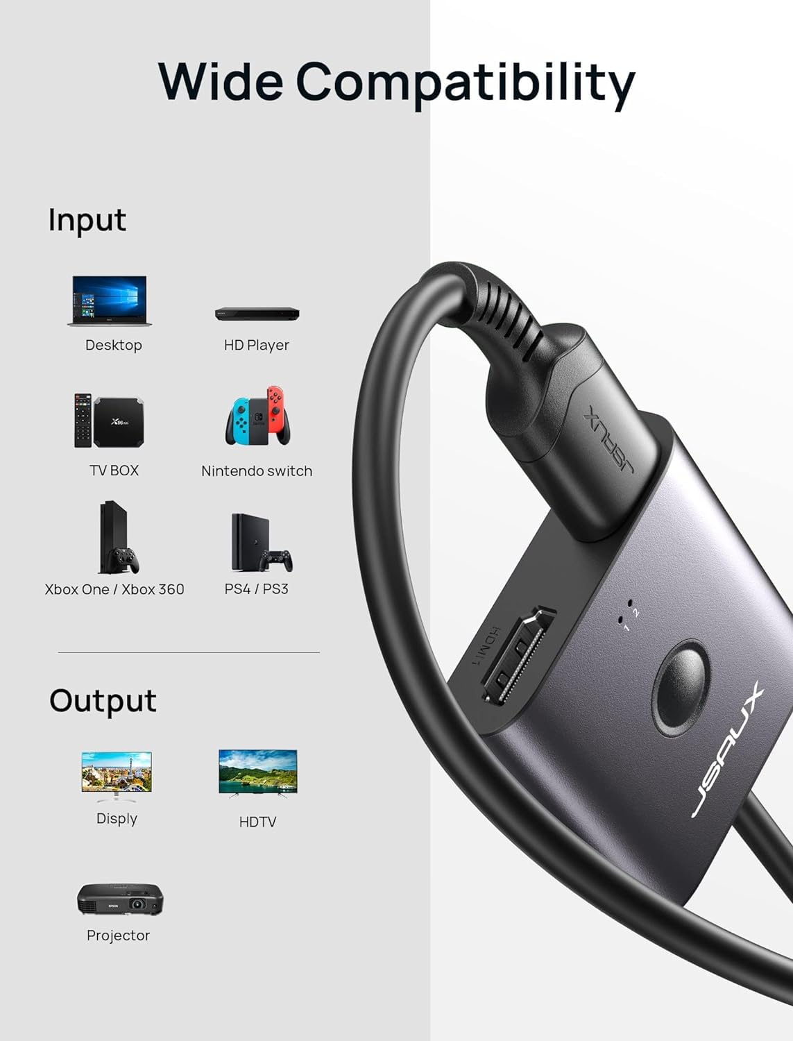 JSAUX HDMI Splitter for 4K 60Hz Display with 1.3ft Cable featuring Bi-Directional Switch | Aluminum Alloy Case