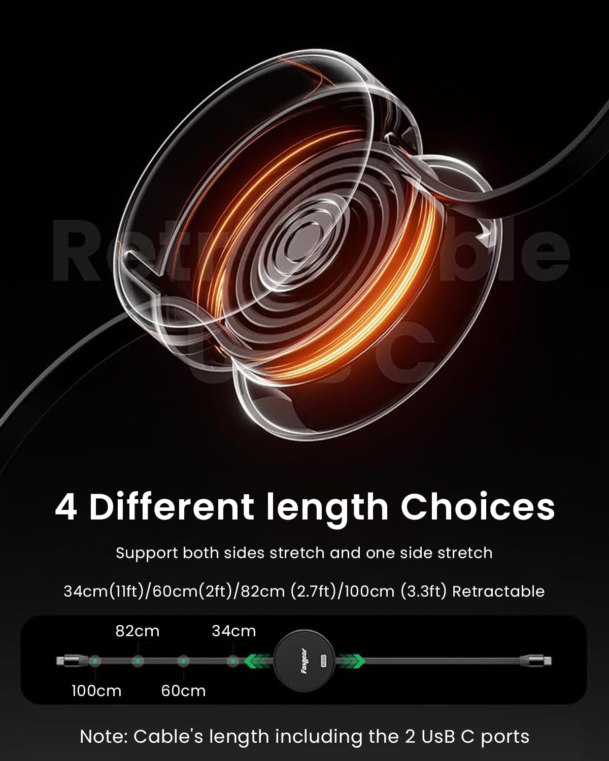 Verilux USB C to USB C Retractable Cable 3.3ft with 240W PD Fast Charging | Black