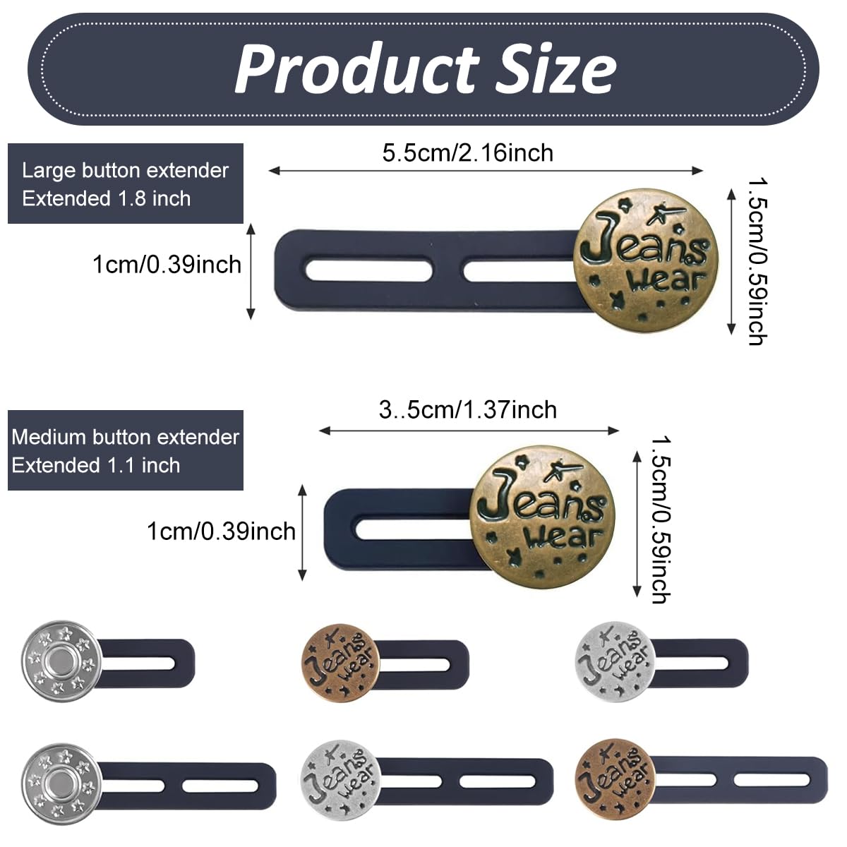 HASTHIP Jeans Waist Adjusting Buttons for Easy Fit with Silicone Strips | 6Pcs Metal Set
