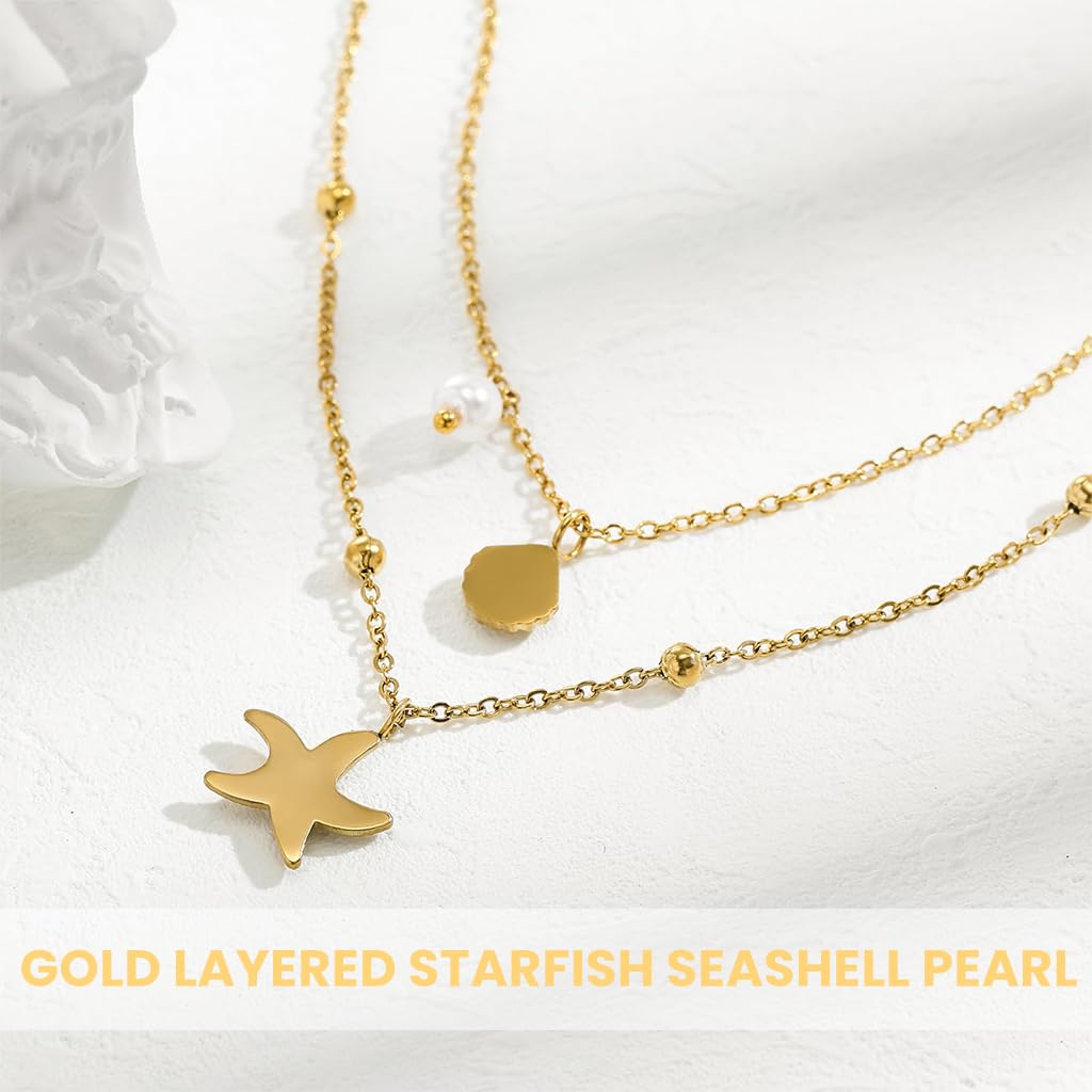 SANNIDHI Necklace for Women featuring Dual Layer Chains with Starfish and Seashell Pendants | Golden Titanium Steel Beach Jewelry