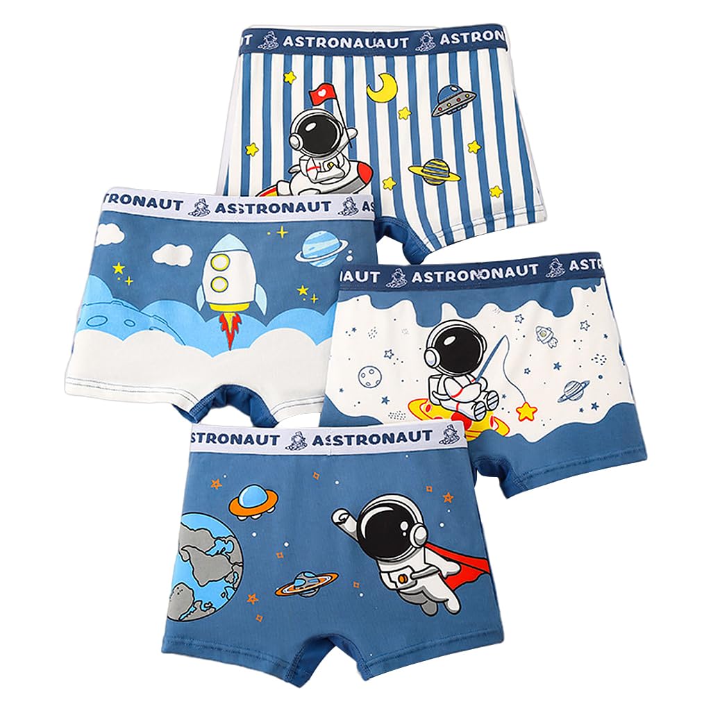 PALAY® 4 Pack Boys Underwear Kids Cotton Boxer Briefs Astronaut Training Boyshorts for Toddler Size 3-12 Years, L