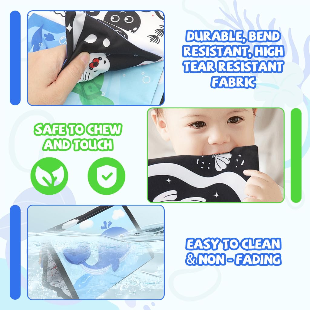 SNOWIE SOFT Cloth Books for Babies with 3D Ocean Animal Pages and Crinkle Mirror Toy | 2PCS