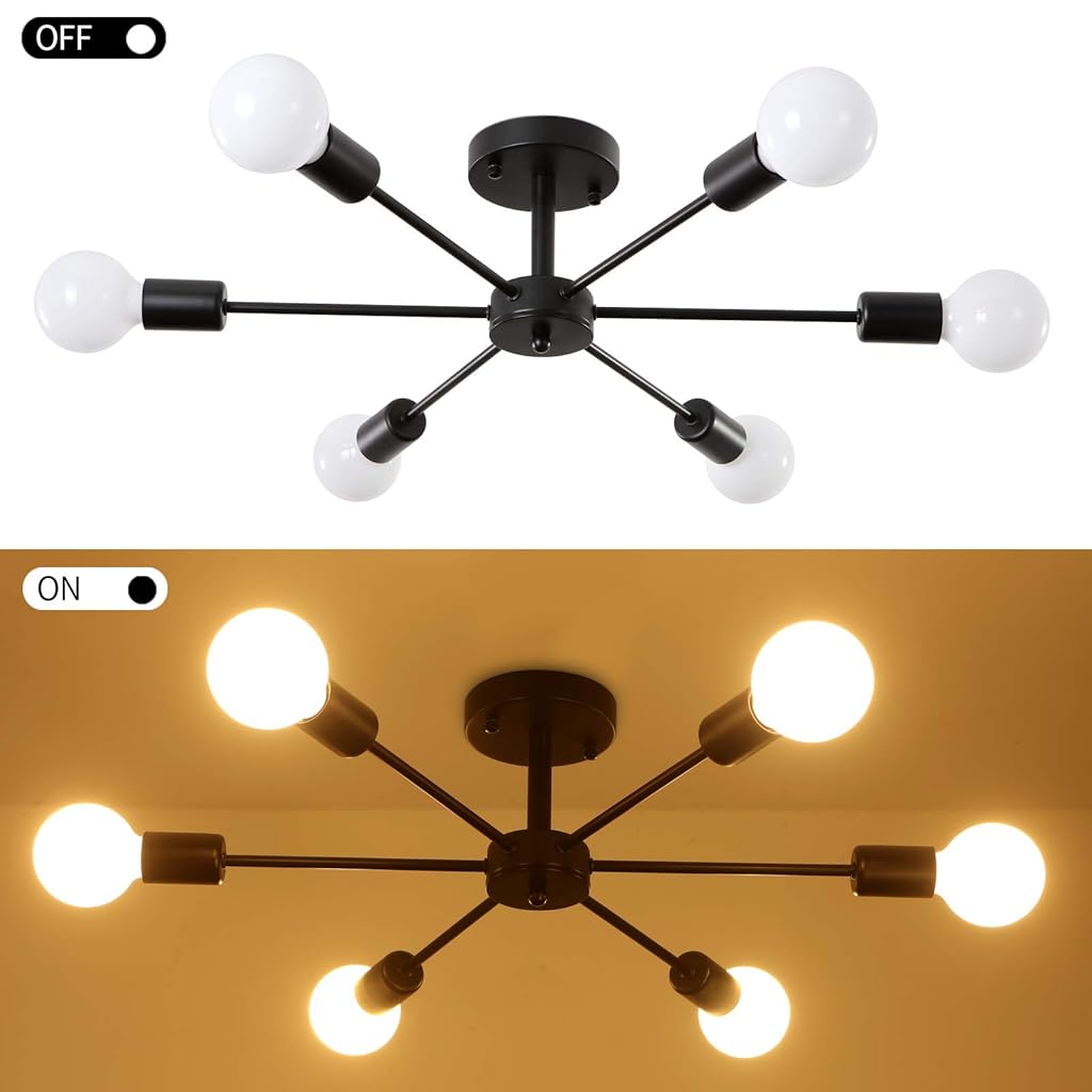 ELEPHANTBOAT® Modern Metal Chandelier Light Fixture, 6-Light Modern Flush Mount Ceiling Light for Living Room, Iron Cast Ceiling Light for Bedroom, Dining Room, Office, E27 Light Bubble Not Included