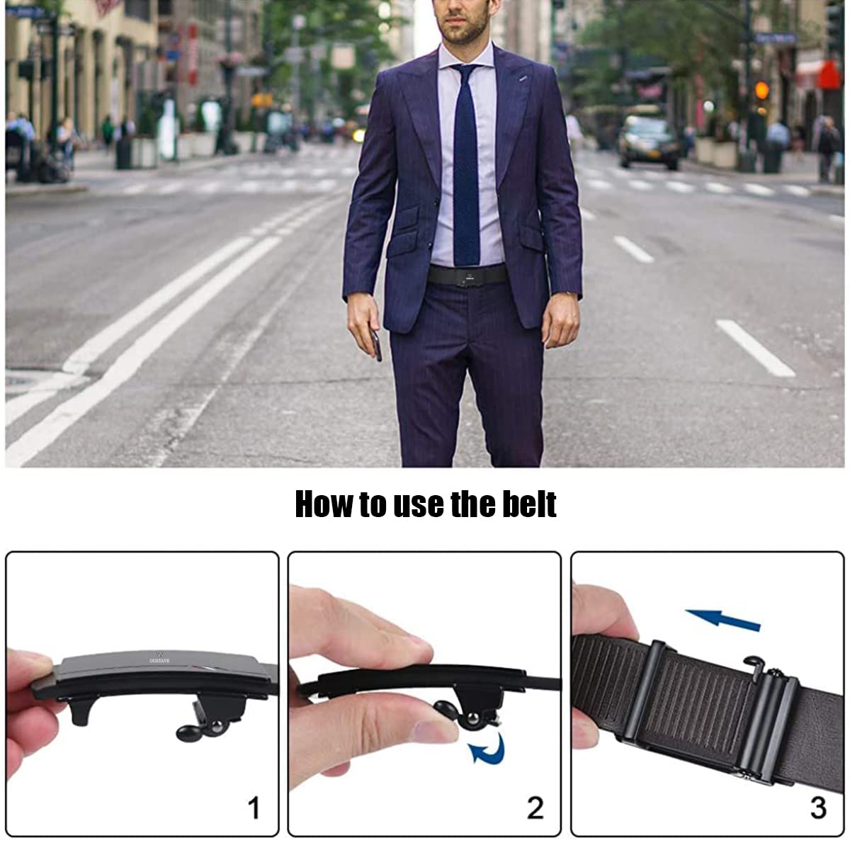 GUSTAVE Leather Belt for Men with Auto Lock and Adjustable 125–130 cm Length | Black