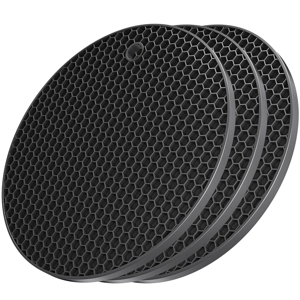 ZIBUYU® Trivet Mats for Kitchen Round Silicone Trivets for Dining Table Surface Protector Honeycomb Design Round Silicone Coaster for Hot Utensils, Cup, Hot Plate Mats for Kitchen (7 inch), Black - 3