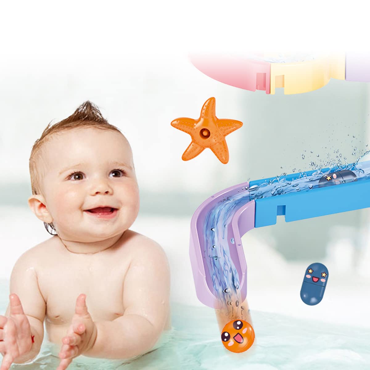 PATPAT® Slide Bath Toys for Baby for 0 - 3 Years, Colorful Water Toys for Kids Bath, Suction Cup Baby Bath Toys, DIY Kit Sliding Rail Toys with 2 Starfish, Baby Shower Gifts, Children's Day Gift